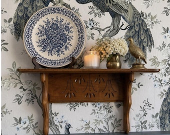 Scandinavian Carved Wood Wall Shelf 17" Nordic Folk Floral Vintage