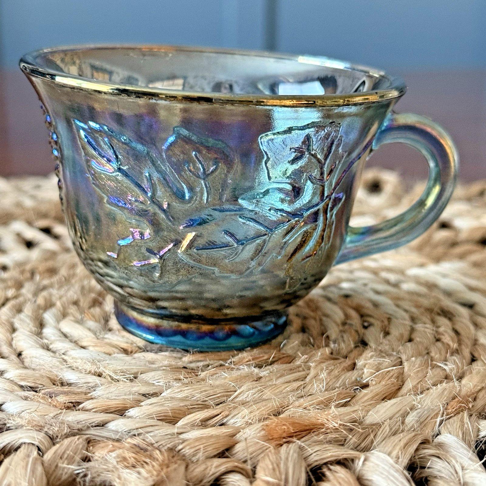 Vintage Blue Teacup Indians Iridescent Carnival Glass Punch Bowl Cup