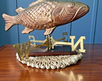 Vintage Copper Fish Weathervane w/ Brass Directionals 26" Bass - Wood Base Decor