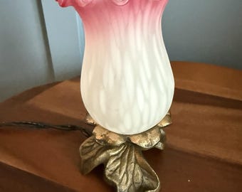 Andrea by Sadek Pink Ruffled Glass Accent Lamp Night Light Tulip Flower 7"