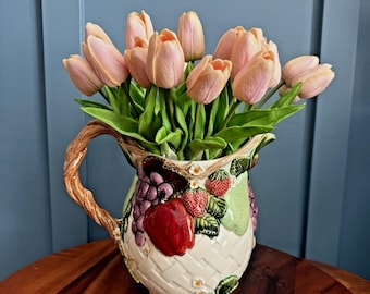 Ceramic Fruit Basket Weave Pitcher Hand Painted 3D Fruit Vine  9" Strawberry