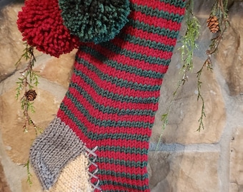 Hand Knit Christmas Stocking Rag Series Black Lime Green Red Peace Sign Detail by Santa/'s Stocking Works