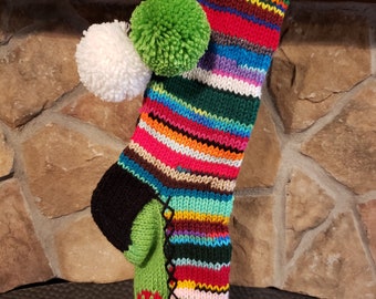 Hand Knit Christmas Stocking Rag Series Black Lime Green Red Peace Sign Detail by Santa/'s Stocking Works