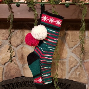 Hand Knit Christmas Stocking Red White Green Camo Stripe with White Snowflake Chain by Santa&#39;s Stocking Works