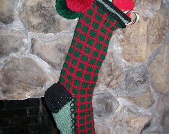 Hand Knit Christmas Stocking Green Red Windowpane Plaid  with Fir Tree detail by Santa's Stocking Works