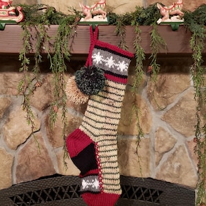 Hand Knit Christmas Stocking Horizontal Stripes Rustic Red Tan Green Snowflake Chain border by Santa's Stocking Works