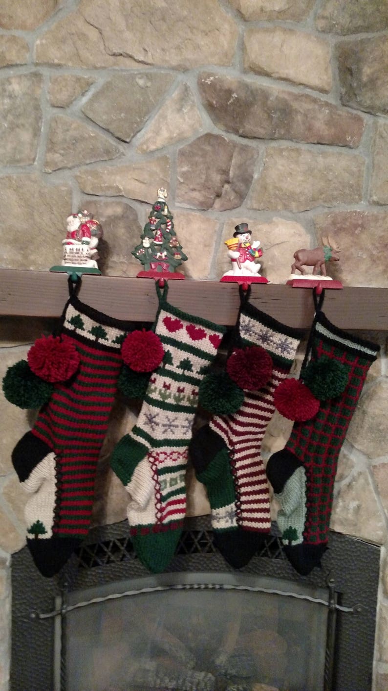 Hand Knit Christmas Stocking Old Fashioned Rustic Candy Cane Elf Stripe Sparkle Gray Snowflake Chain