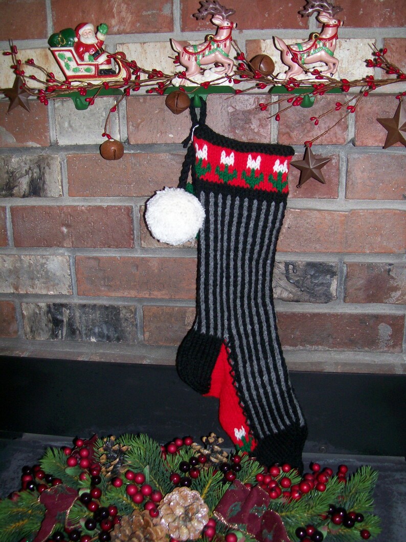 Hand Knit Christmas Stocking Black Gray Vertical Stripe White Flowers by Santa/'s Stocking Works