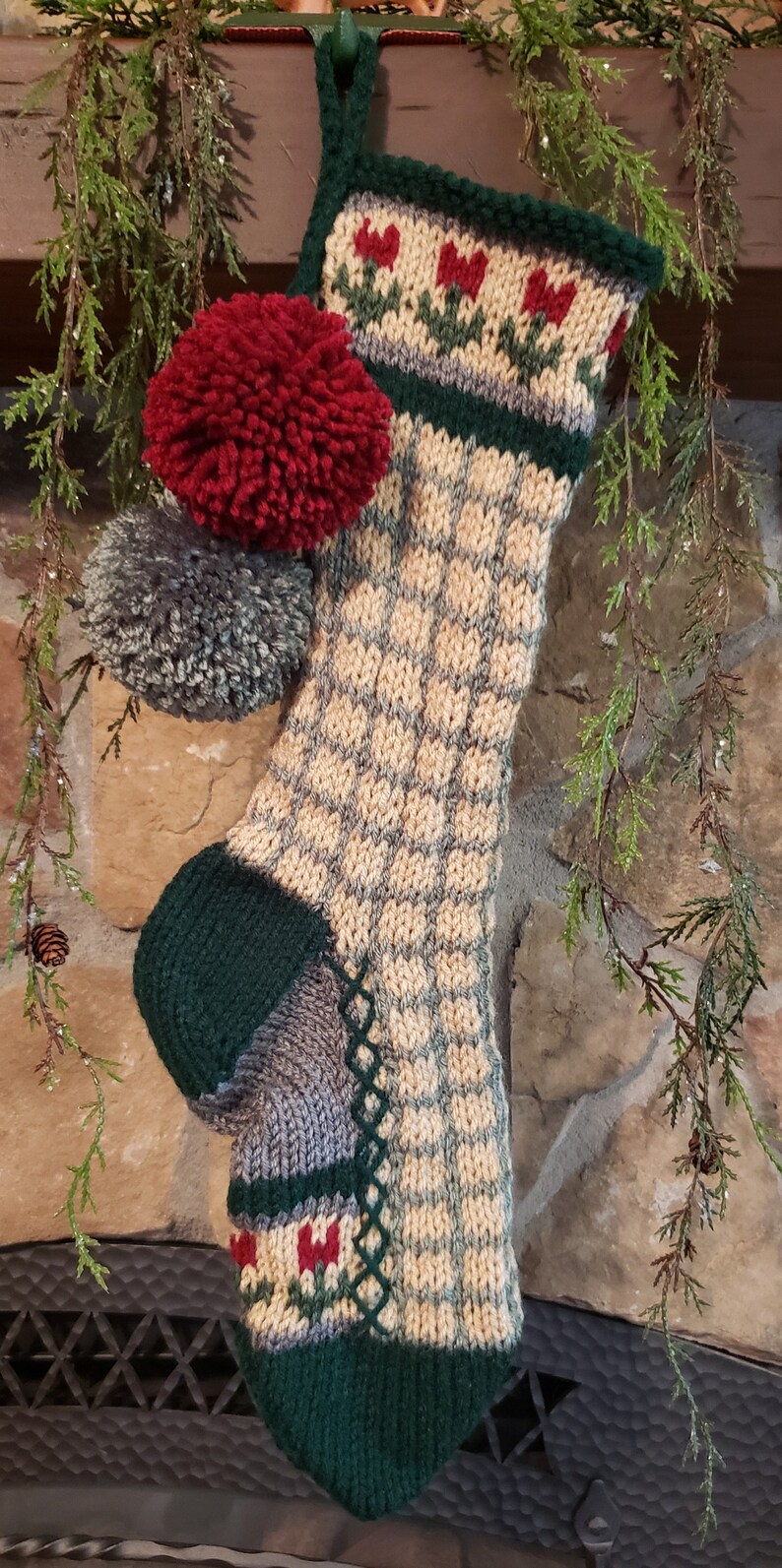 Hand Knit Christmas Stocking Gray Tan Green Windowpane Check Red Flowers Borders by Santa/'s Stocking Works