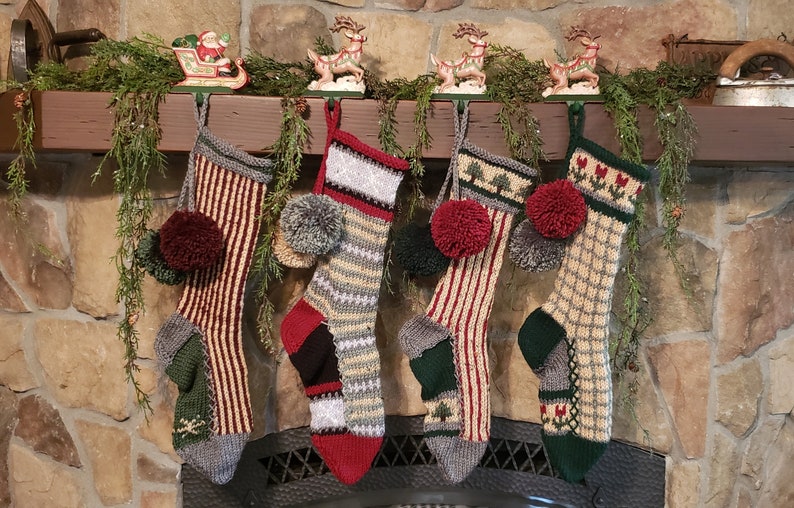 Hand Knit Christmas Stocking Gray Tan Green Windowpane Check Red Flowers Borders by Santa/'s Stocking Works