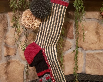Hand Knit Christmas Stocking Red Green Tan Vertical Stripe Flower Detail #B by Santa's Stocking Works