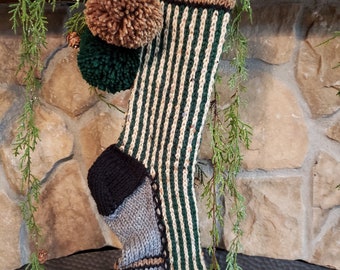 Hand Knit Christmas Stocking Green Tan Stripes Snow & Ice Detail by Santa's Stocking Works