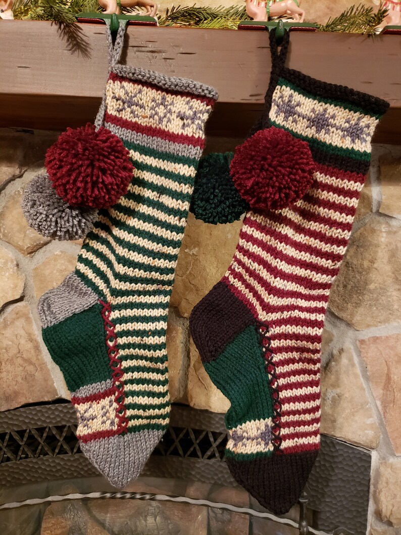 Hand Knit Christmas Stocking Old Fashioned Rustic Candy Cane Elf Stripe Sparkle Gray Snowflake Chain
