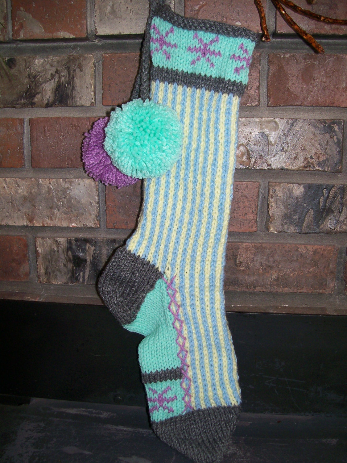 Hand Knit Christmas Stocking Pastel Blue Seafoam Lavender Stripes Santa