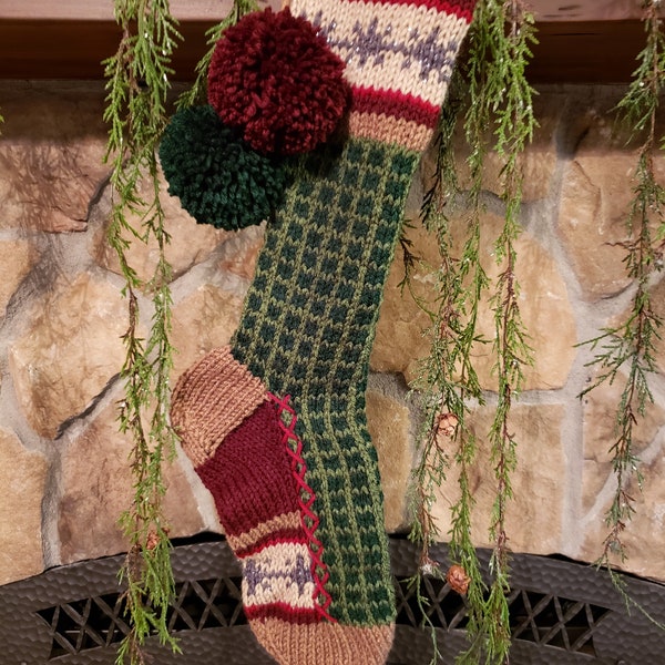 Hand Knit Christmas Stocking TT Green Windowpane Plaid with Snowflake Chain detail by Santa's Stocking Works