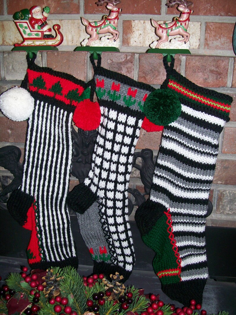 Hand Knit Christmas Stocking Black Gray Vertical Stripe White Flowers by Santa/'s Stocking Works