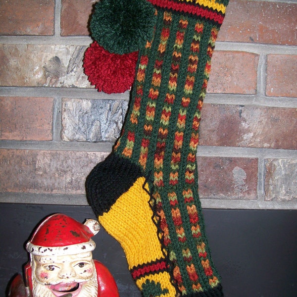 Hand Knit Christmas Stocking Fall Gold Green Red Fir Tree by Santa's Stocking Works