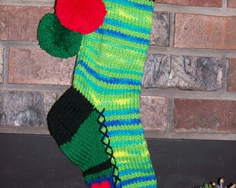 Hand Knit Christmas Stocking Green Blue Yellow Red Hearts by Santa's Stocking Works