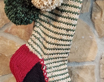 Hand Knit Christmas Stocking Horizontal Stripes Rustic Red Tan Green Snowflake border by Santa's Stocking Works