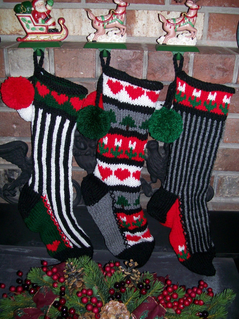 Hand Knit Christmas Stocking Black Gray Vertical Stripe White Flowers by Santa/'s Stocking Works