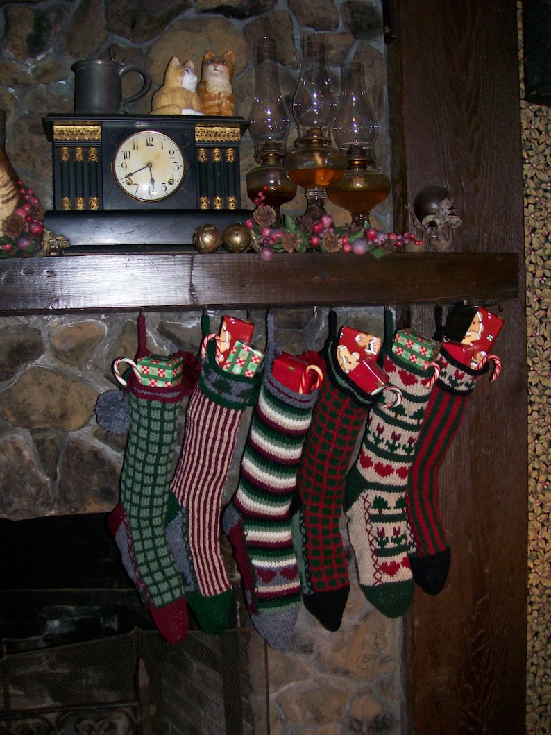 Hand Knit Christmas Stocking Navy Blue Tan Stripes Fir Tree Detail by