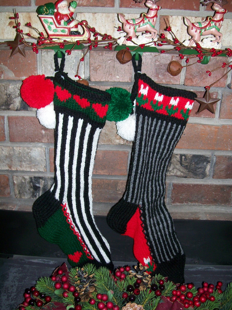 Hand Knit Christmas Stocking Black Gray Vertical Stripe White Flowers by Santa/'s Stocking Works