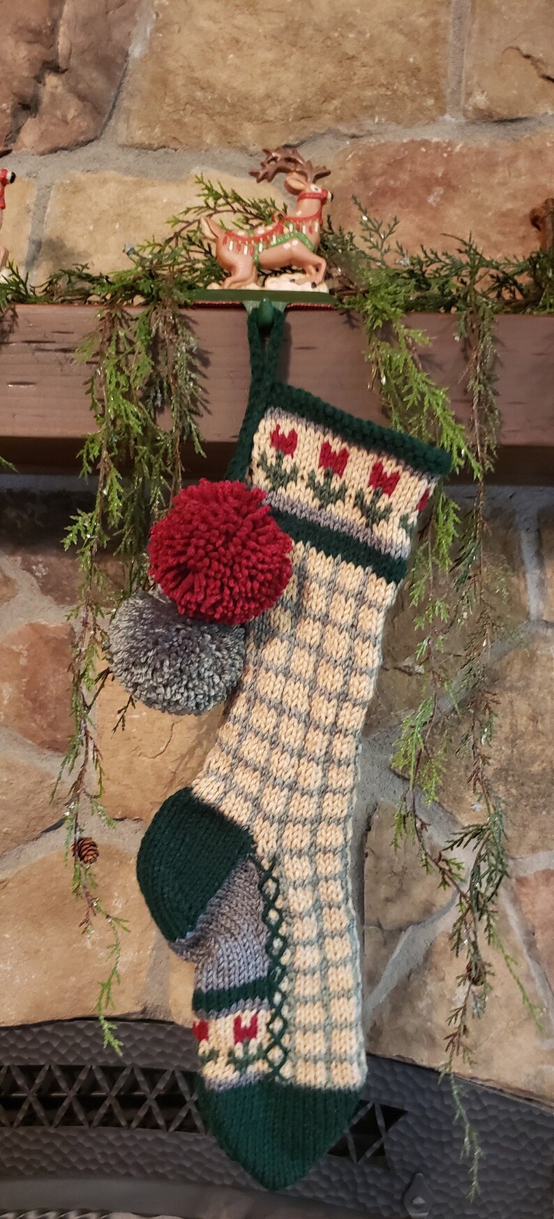 Hand Knit Christmas Stocking Gray Tan Green Windowpane Check Red Flowers Borders by Santa/'s Stocking Works