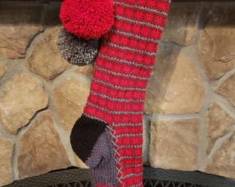 Hand Knit Christmas Stocking Rustic Two tone Red Gray Black Checker Stripes with Snowflake detail by Santa's Stocking Works