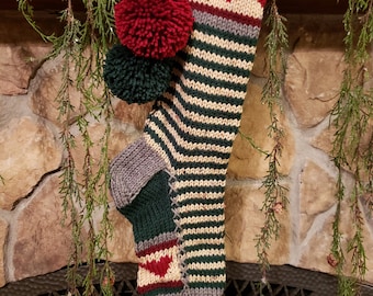 Hand Knit Christmas Stocking Rustic Green Linen Elf Stripe Red Heart Detail by Santa's Stocking Works