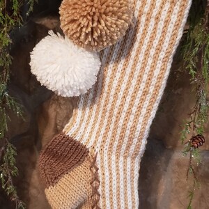 Hand Knit Christmas Stocking in White Sand Brown Stripes & Snow Flake Chain Detail by Santa&#39;s Stocking Works