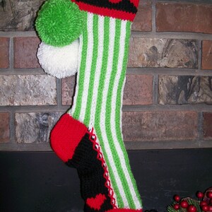 Old Fashioned Hand Knit Lime and White Bold Vertical Stripes with Red Heart Detail Christmas Stocking