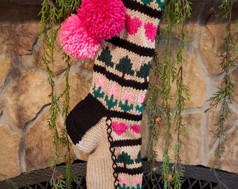 Hand Knit Christmas Stocking Pink Green Sampler Hearts Trees Flowers by Santa's Stocking Works