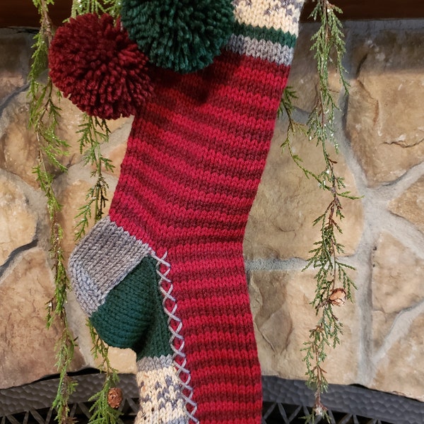 Hand Knit Christmas Stocking Old Fashioned Rustic TT Red Elf Stripe Sparkle Gray Snow Flurries detail by Santas Stocking Works