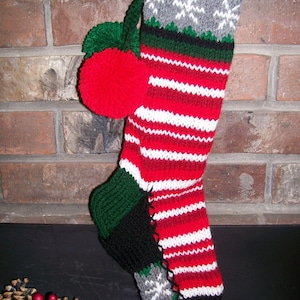 Hand Knit Christmas Stocking Red White Horizontal Stripes Snowflake Border by Santa's Stocking Works