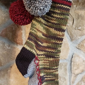 Hand Knit Christmas Stocking Green Camo White Sparkle Snowflakes Claret Red Gray by Santa&#39;s Stocking Works