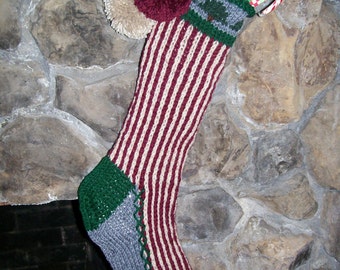 Hand Knit Christmas Stocking Rustic Red Tan Green Gray Vertical Stripe with Fir Tree Detail from Santa's Stocking Works