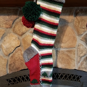 Hand Knit Christmas Stocking Burgundy Red Green Gray White Stripes Fir Trees by Santa&#39;s Stocking Works