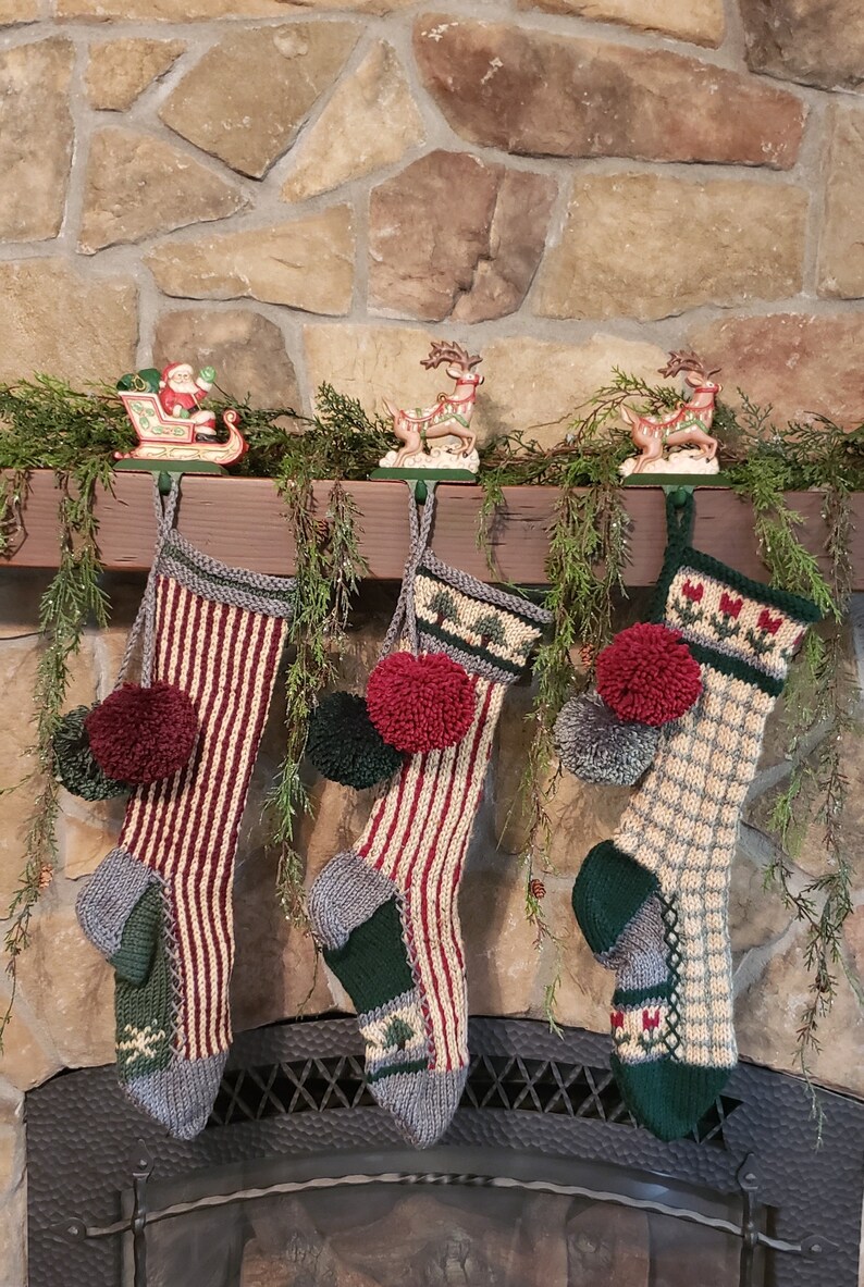 Hand Knit Christmas Stocking Gray Tan Green Windowpane Check Red Flowers Borders by Santa/'s Stocking Works
