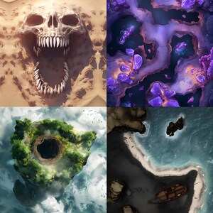 May include: A digital collage of four different fantasy landscapes. The top left image shows a giant skull with sharp teeth embedded in the sand. The top right image shows a purple cave with glowing crystals. The bottom left image shows a green island with a large hole in the center. The bottom right image shows a rocky island with a shipwreck on the beach.