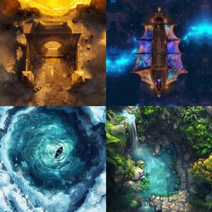 May include: A collage of four images depicting different environments. The top left image shows a golden archway with a sun shining above. The top right image shows a spaceship in a starry sky. The bottom left image shows a blue swirling vortex with a small boat in the center. The bottom right image shows a lush green jungle with a waterfall and a small pond.