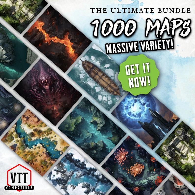 May include: A collage of fantasy maps for tabletop role-playing games. The maps feature various landscapes, including forests, mountains, and oceans. The text "The Ultimate Bundle 1000 Maps Massive Variety! Get it Now!" is displayed on a blue and green watercolor background. The maps are compatible with VTT software.