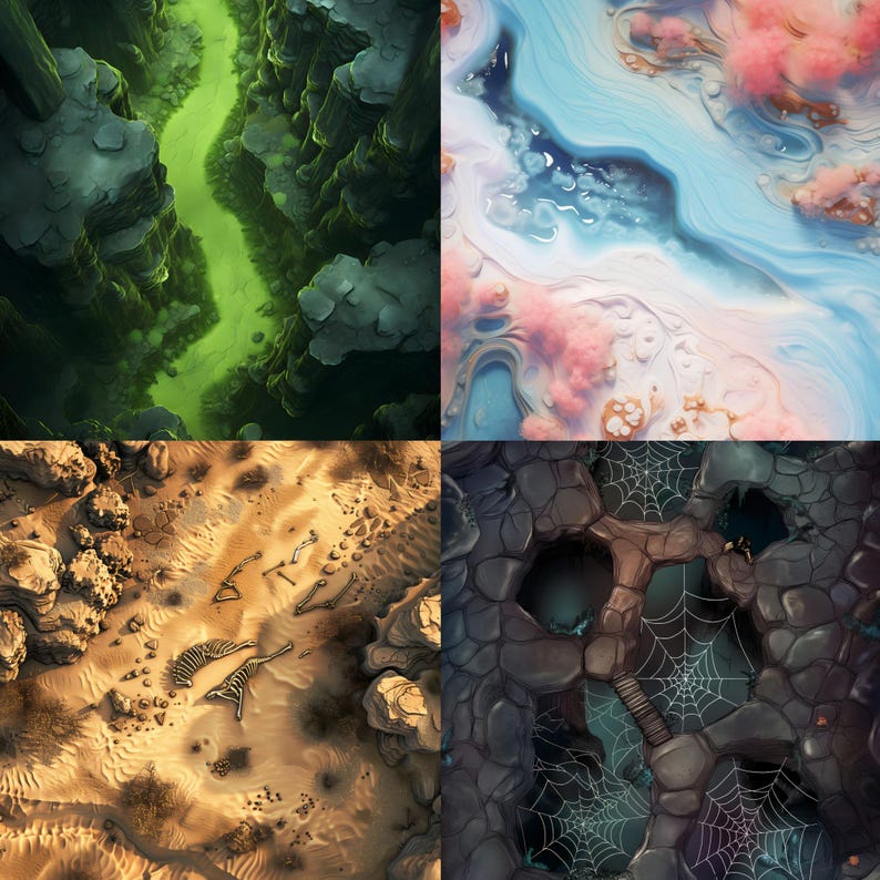 May include: A digital illustration of four different landscapes. The top left image shows a green canyon with a winding river. The top right image shows a blue and pink abstract landscape. The bottom left image shows a desert landscape with bones. The bottom right image shows a dark cave with a spider web.