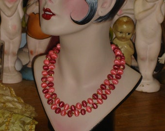 Beautiful Celluloid ? Red and Pink Bead Double Strand Necklace