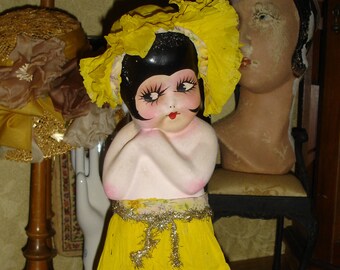 Huge 19" Chalkware Flapper Doll Carnival Kewpie Very Rare Original Crepe Dress