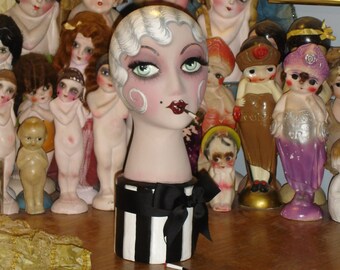 Vintage Style Smoking Flapper Mannequin Head Parisian Hatbox