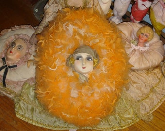 Rare Flapper Boudoir Doll Feather Pillow Orange with Original Paris France Tag