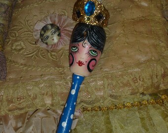 Vintage Style Flapper Showgirl  Hand Painted Wood Sock Darner Black & Blue