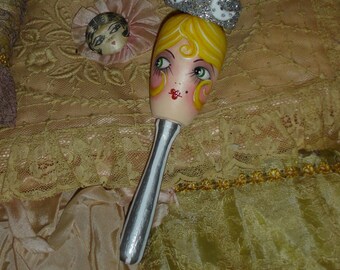 Vintage Style Flapper Showgirl  Hand Painted Wood Sock Darner Blonde Sliver White