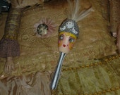 Vintage Style Flapper Showgirl Hand Painted Wood Sock Darner Blonde Sliver White