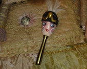 Vintage Style Flapper Showgirl Hand Painted Wood Sock Darner White Black Gold
